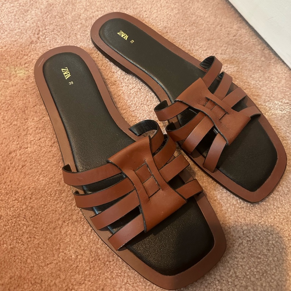 Zara Brown Leather Sandals with Multi-Strap Design